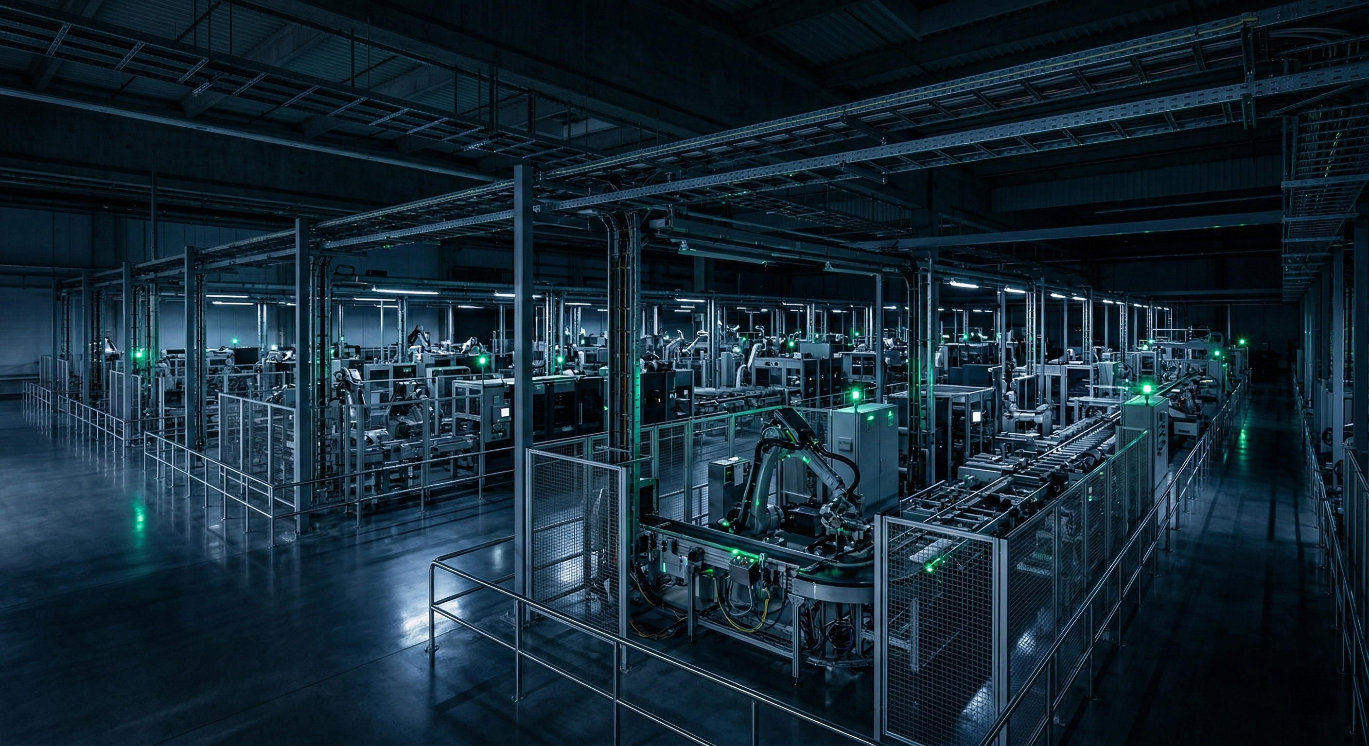 Factory floor during commissioning with engineers verifying automation systems