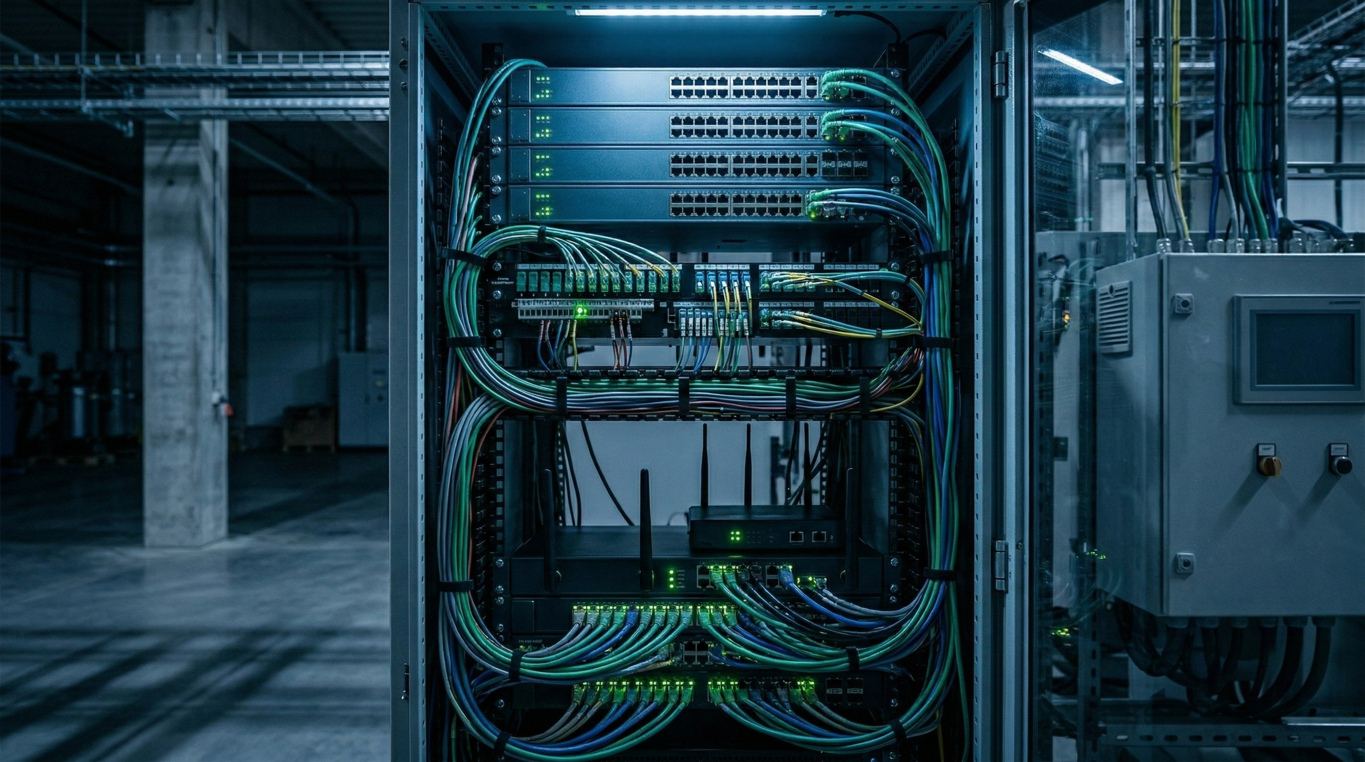 Industrial network rack with ethernet switches for PLC communications